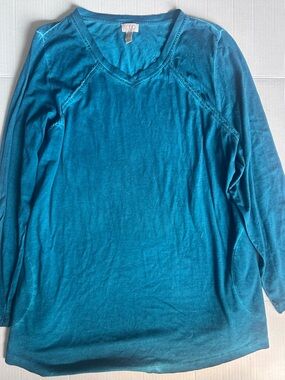 LOGO byy Lori Goldstein Women’s Large Teal Velour V-Neck Long Sleeve Top